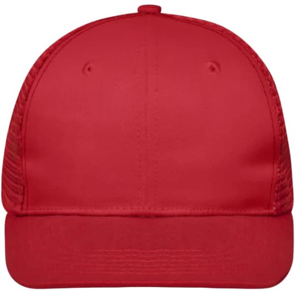 A red 6-panel flat peak cap with a curved brim and a mesh back, featuring a logo.