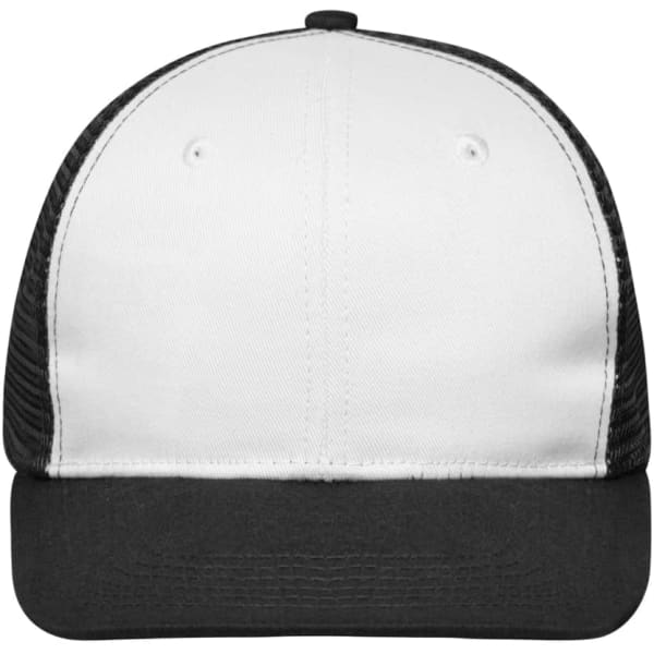 A six-panel flat peak cap in white and black, featuring a solid black peak and mesh sides. It has a logo.