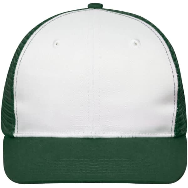 A 6 panel flat peak cap with a white front and a green peak and mesh sides, featuring a logo on the front.