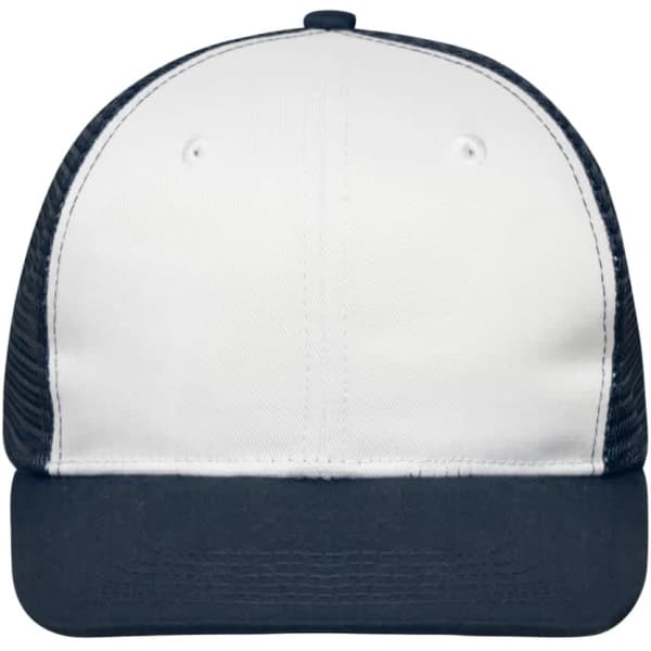 A six-panel flat peak cap featuring a white front and navy blue peak and side mesh panels.