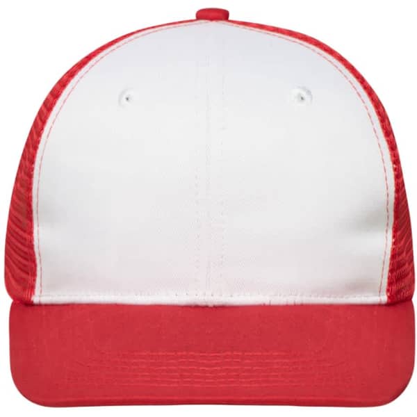 A red and white six-panel flat peak cap featuring a logo on the front.