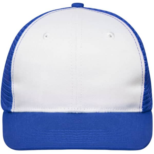 A blue and white 6 panel flat peak cap with a structured design and a logo on the front.