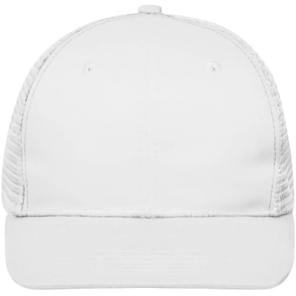 A white 6 panel flat peak cap with a solid front and mesh sides, featuring a logo on the front.