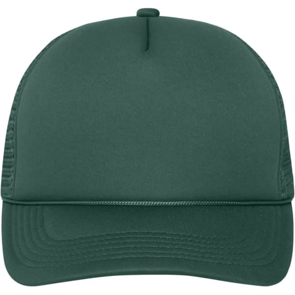 A green 5 Panel Retro Mesh Cap featuring a solid front and mesh back, with a prominent logo on the front.