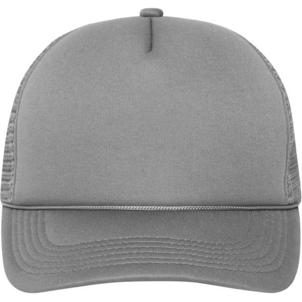A grey 5-panel retro mesh cap featuring a solid front and mesh sides, complete with a logo on the front.