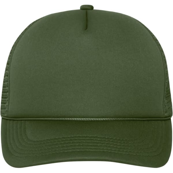 A green 5 panel retro mesh cap featuring a solid front and mesh sides, with a curved brim and a logo.