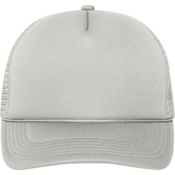 A five-panel retro mesh cap in light grey, featuring a solid front and mesh back with a logo.
