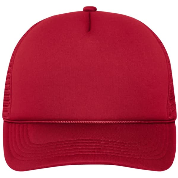 A red 5 panel retro mesh cap with a solid front and mesh sides, featuring a logo on the front.