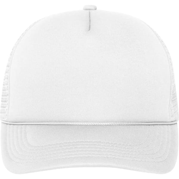 A white 5 panel retro mesh cap with a curved brim and a textured mesh back, featuring a logo.