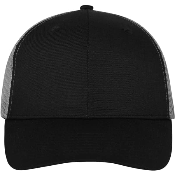 A black 6-panel mesh cap featuring a solid front and mesh sides, with a curved brim and a logo on the front.