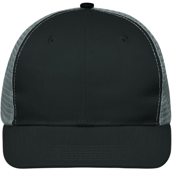 A 6 panel flat peak cap featuring a black front and grey mesh back, complete with a logo.