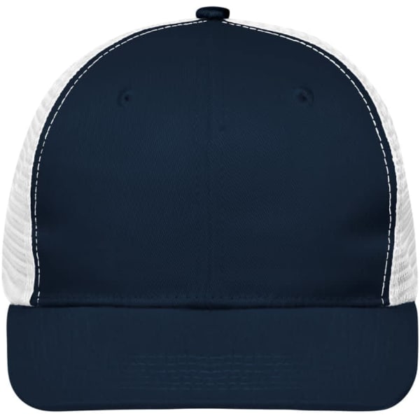 A navy and white 6 Panel Flat Peak Cap featuring a mesh back and a structured design. It has a logo on the front.