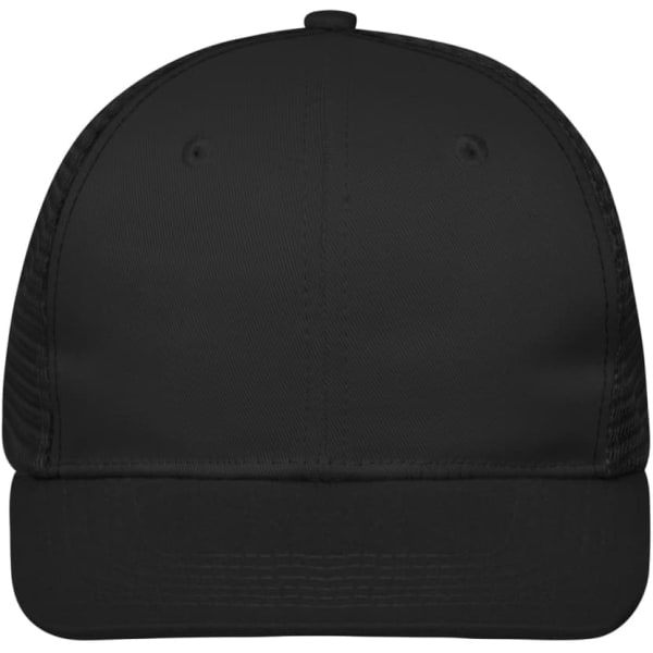 A black 6-panel flat peak cap with a solid front and a textured side. It features a branding logo.