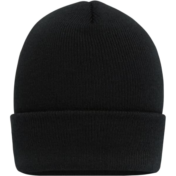 A black high brim beanie with a fold-over cuff and a textured knit design. It features a logo on the side.