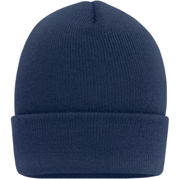 A navy high brim beanie with a folded cuff, featuring a logo. Soft knit texture and snug fit.