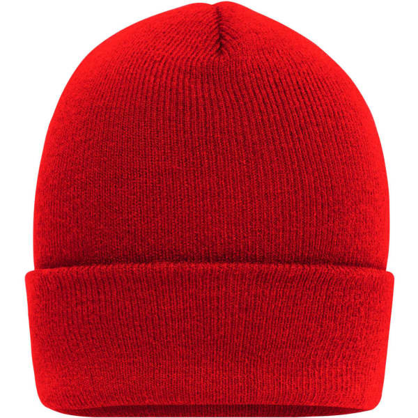 A red high brim beanie is displayed against a white background, featuring a folded cuff and a knitted texture.