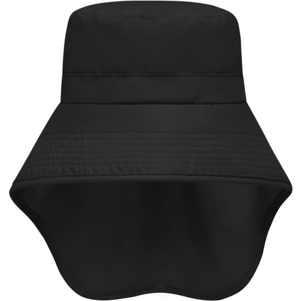 A black hat with a wide brim and an attached neck guard, featuring a simple design without visible branding.