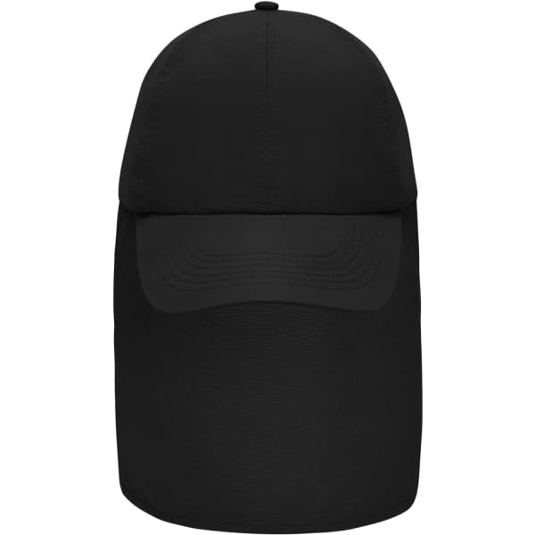 A black 6 panel cap with a neck guard and curved brim, featuring a logo.
