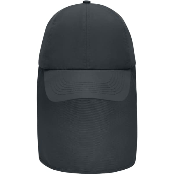A dark green 6 panel cap with a neck guard, featuring a structured front and a logo on one side.