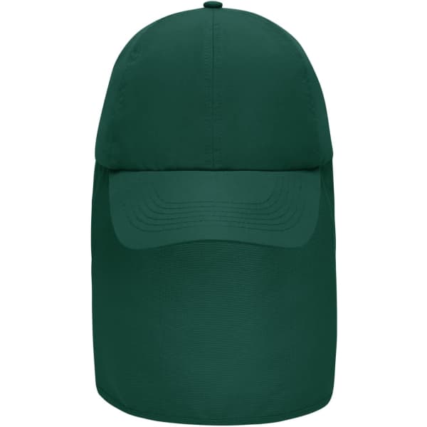 A green six-panel cap with a neck guard, featuring a structured front and a logo.