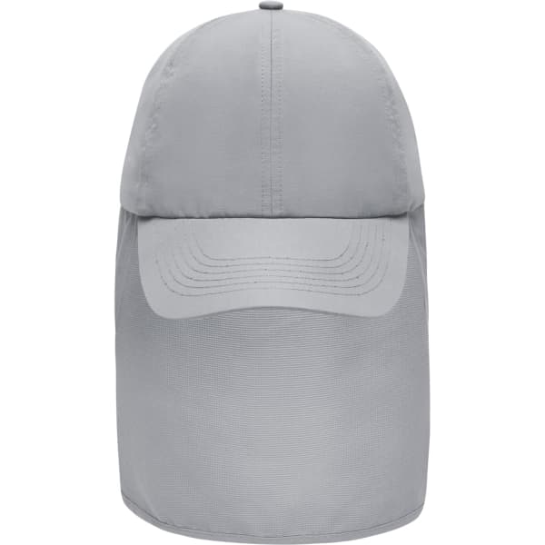 A grey six-panel cap with a neck guard and a small logo on the front.