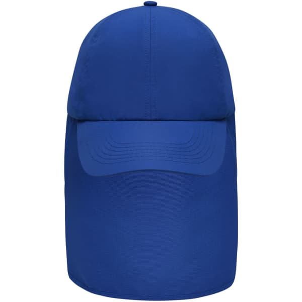 A blue 6-panel cap with a neck guard, featuring a logo on the front.