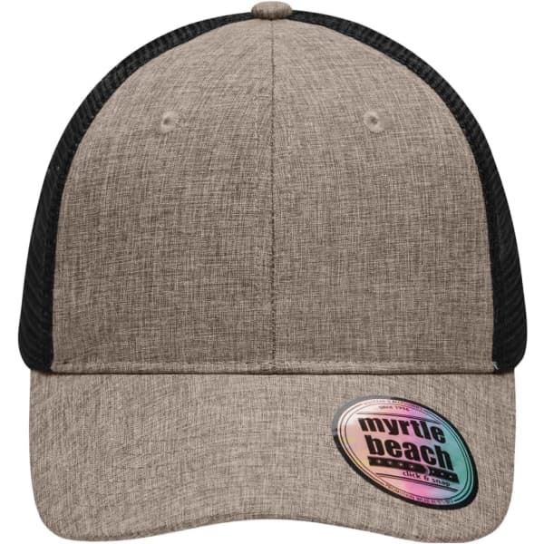 A six-panel melange cap in a tan colour with a black mesh back. It features a brand logo.