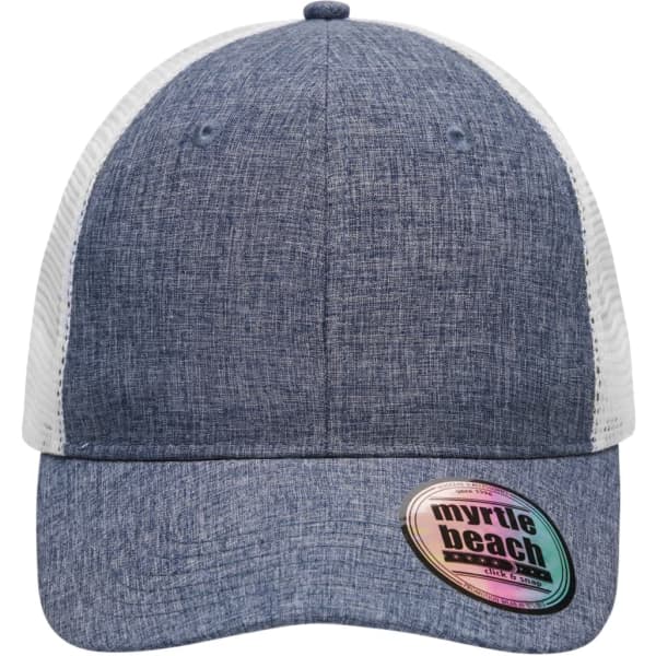 A six-panel mesh cap in melange blue with a white mesh back and a branded sticker on the side.
