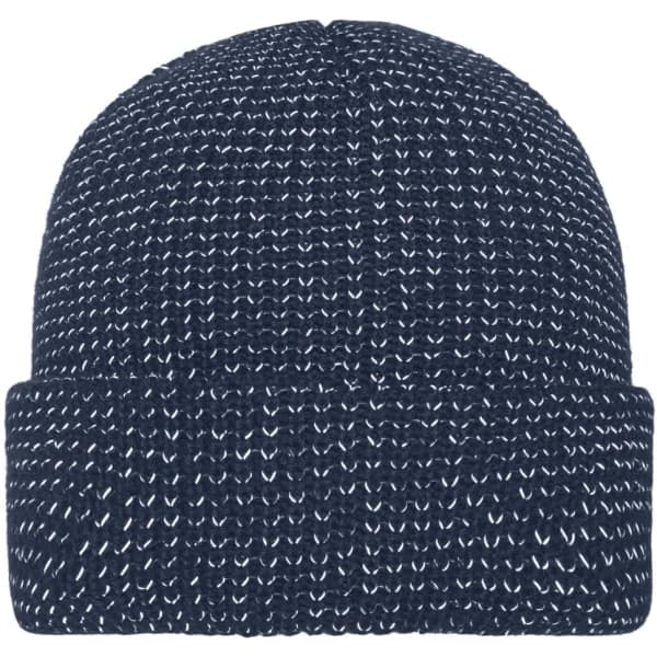 A reflective winter beanie in navy blue featuring a knitted texture and a folded cuff. It has a logo on the side.