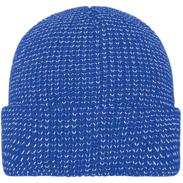 A reflective winter beanie in vibrant blue with a textured knit pattern. It has a folded cuff and features a logo.
