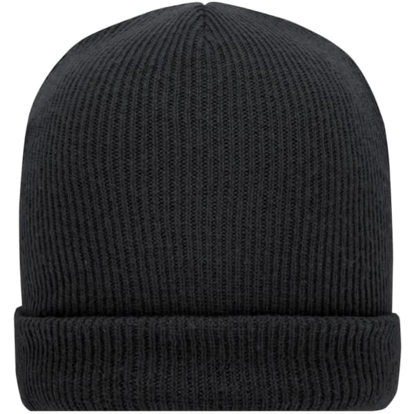 A soft knitted winter beanie in black, featuring a folded brim and textured knit pattern.