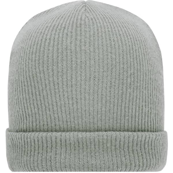 A soft knitted winter beanie in a light green shade with a ribbed texture and rolled cuff.