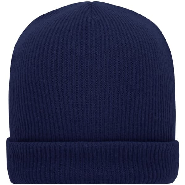 A soft knitted winter beanie in navy blue, featuring a ribbed texture and a folded cuff.