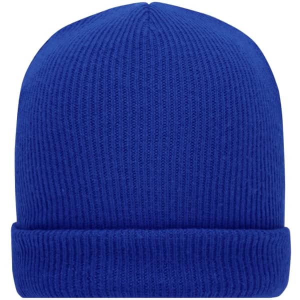 A blue knitted winter beanie with a folded brim and textured pattern, featuring a logo on the side.