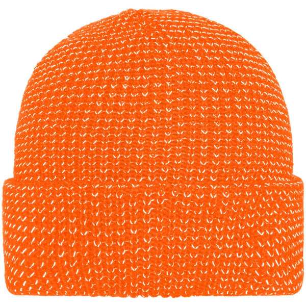 A reflective winter beanie in bright orange with a folded cuff. The design includes a logo on the side.