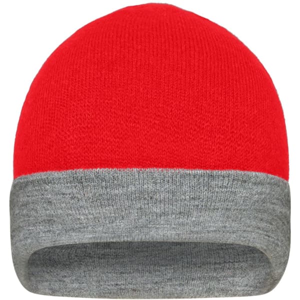 A reversible beanie in bright red with a grey cuff, featuring a logo on one side.