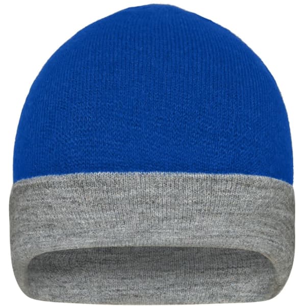 A reversible beanie with a blue top and a grey folded brim, featuring a logo on one side.