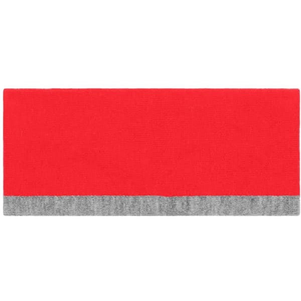 A reversible headband featuring a bright red colour with a grey band at the bottom. It has a logo.