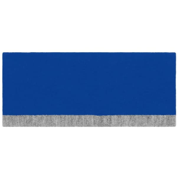 A reversible headband featuring a vibrant blue section and a grey bottom edge. It has a logo.