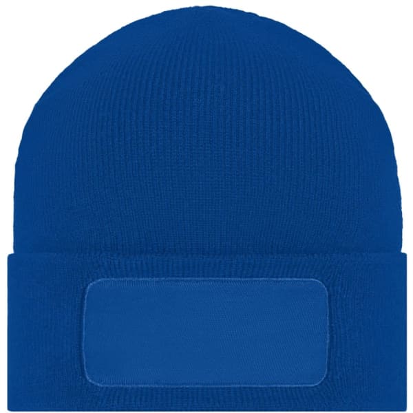 A blue knitted beanie featuring a patch area for customisation. It has a classic cuffed design.