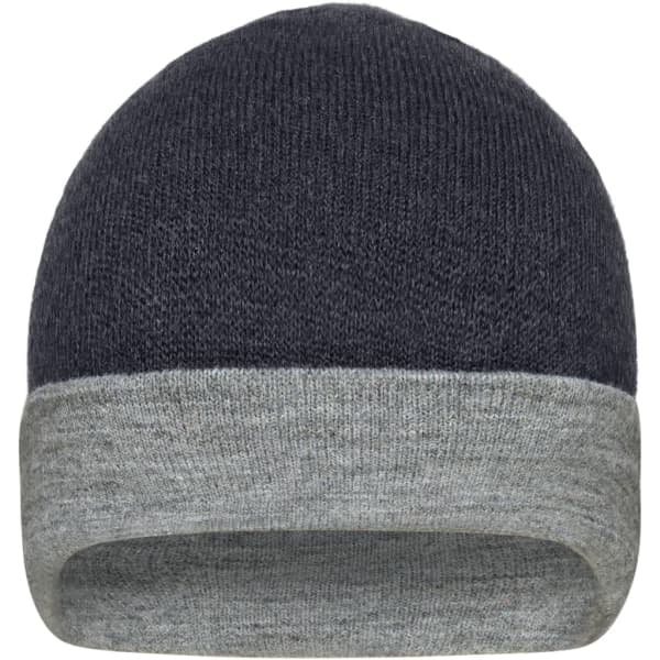 A reversible beanie in dark grey with a light grey cuff, featuring a logo.