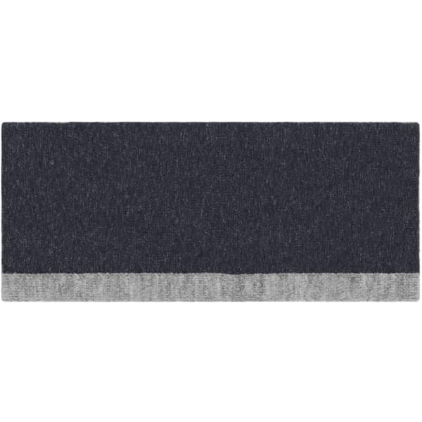 A reversible headband featuring a dark grey and light grey design, with a branding logo.