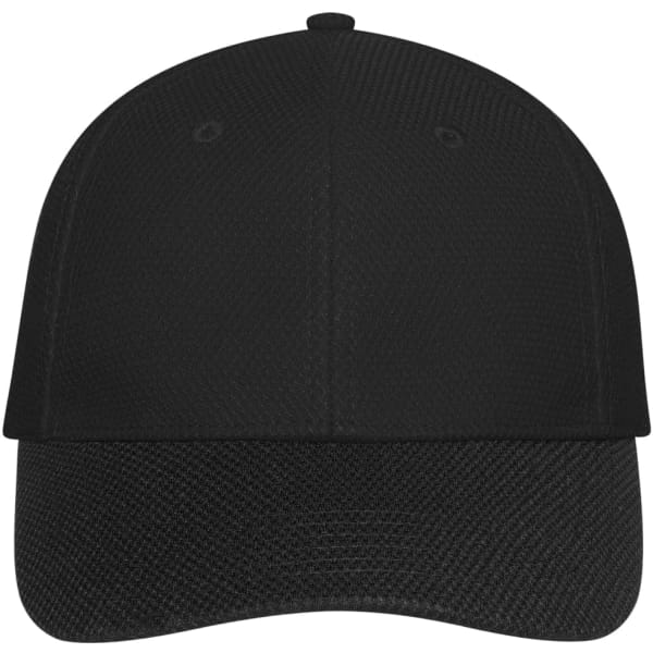 A black 6 panel mesh cap featuring a structured design and a curved peak, with a logo on the front.