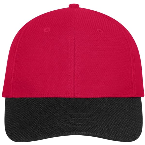 A red and black 6-panel mesh cap featuring a solid front and a textured bottom, with a logo on it.
