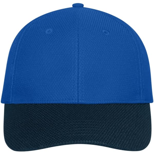 A 6 panel mesh cap featuring a blue upper and a dark green peak, with a logo on the front.