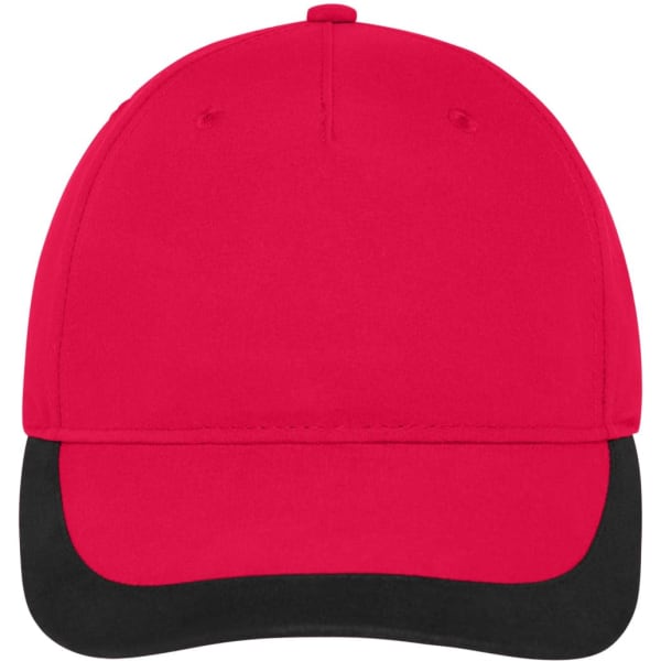 A red sports cap with a black peak and a logo on the front.