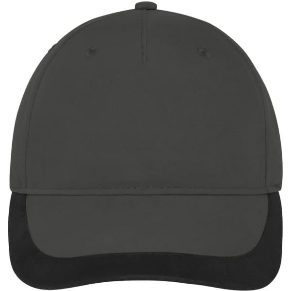 A 5-panel sports cap in dark grey with a black peak, featuring a logo on the front.