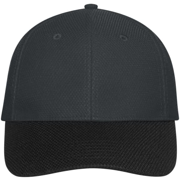 A 6-panel mesh cap in dark green and black featuring a logo on the front.
