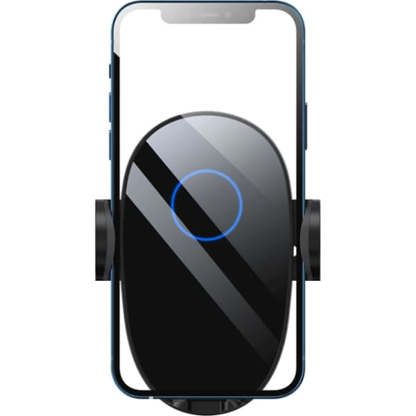 A black wireless car charger with a blue indicator light, designed to hold smartphones in place.