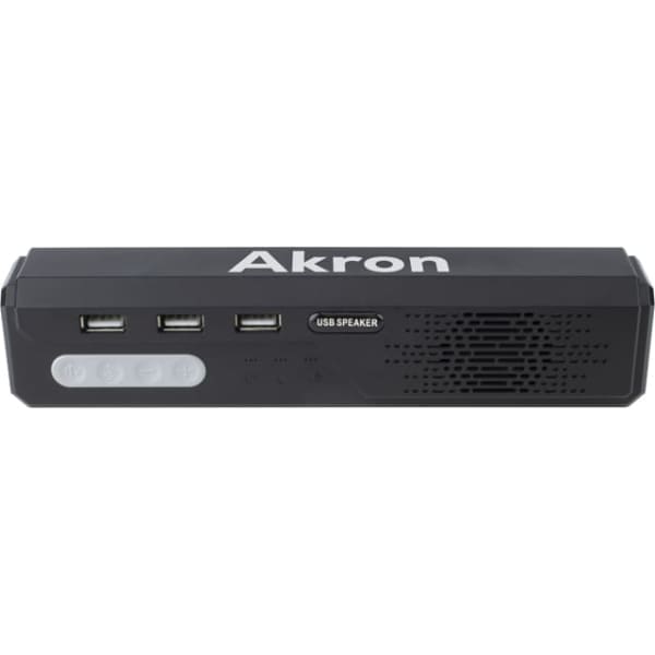 A black Akron omnidirectional speaker phone with USB ports and control buttons. It features a simple, modern design.